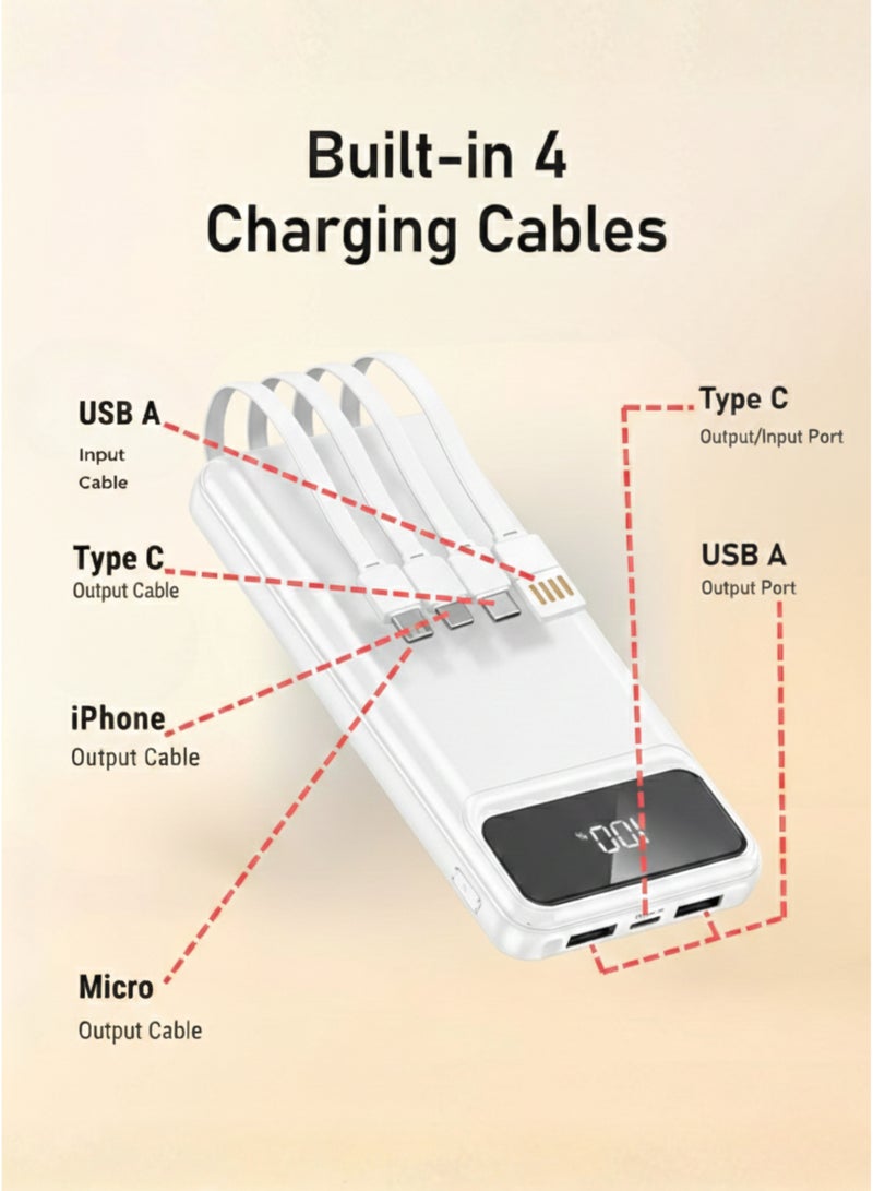 Levino Power Bank 10000mAh 22.5W Fast Charging, Flight Approved Lightweight Portable Powerbank with 4 Built-in Cables (USB, Type-C, Lightning, Mini USB), 2 USB + Type-C Port, Overheat Protection & Auto Charging Stop, Universal Fast Charger – White - Image 5